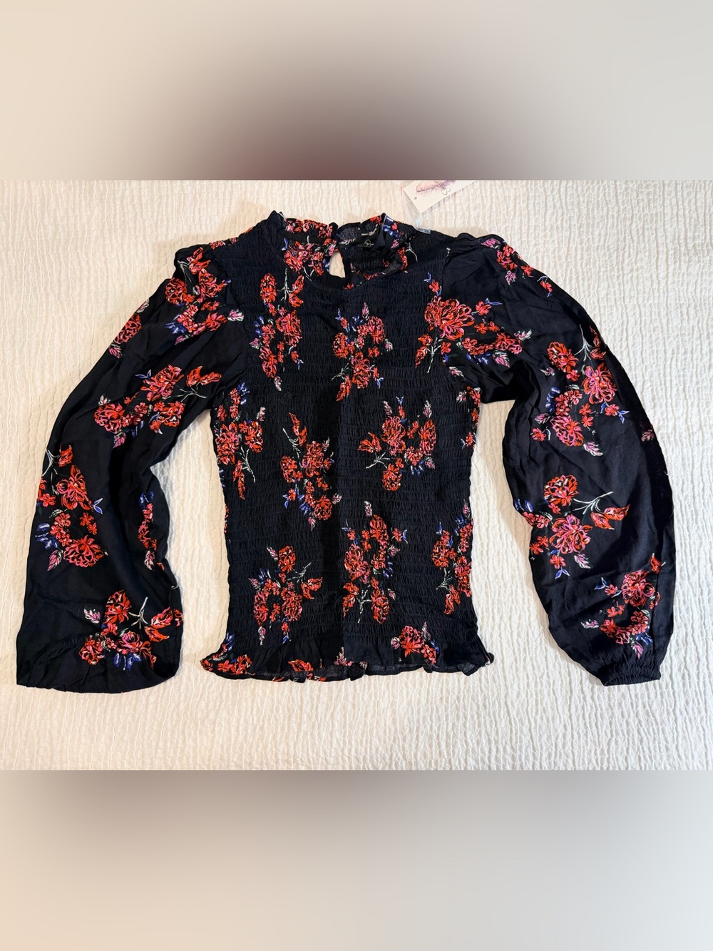 Jessica Simpson Black Floral Smocked Long-Sleeve Blouse - Picture 4 of 8